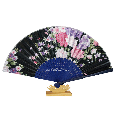 Fächer Handfächer Bambus Seide blau schwarz rosa violett Blumen 7502 - zum Schließen ins Bild klicken